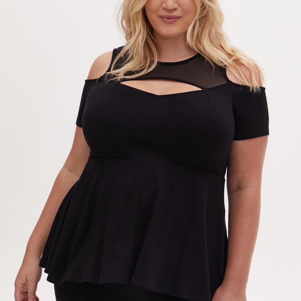 Torrid Mesh Yoke Peplum Blouse Black, size 2X